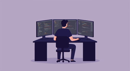 Coder working on multiple monitors at a desk, with code in the background