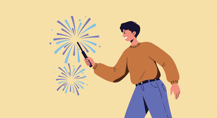 Person Celebrating With Fireworks in Background, Using Stick to Draw