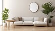 © rayyan - Modern interior design with light empty mock-up wall and gray minimalist sectional, vintage framed movie posters, round mirror with leather strap, warm wood herringbone floors.