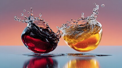 Wall Mural - dynamic splash of red and yellow liquids in glass bowls against a gradient background