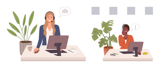 Wall Mural - two professionals communicate via headsets at desks with computers and plants. ideal for office comm