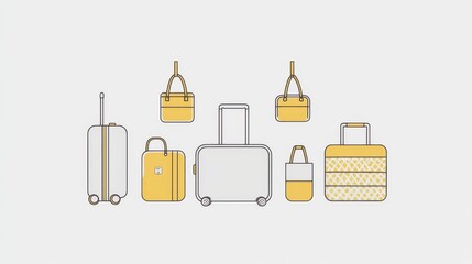 Wall Mural - a minimalistic vector graphic showcasing a neatly arranged group of travel essentials, including a rolling suitcase, a duffel bag, and organized packing cubes, complemented by a hanging luggage tag