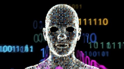 Digital humanoid, binary code, dark background, data streams, AI concept
