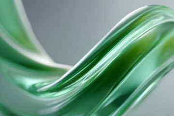 Wall Mural - abstract smooth green and silver flowing waves with glossy, glass-like texture on a soft gradient ba