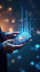 A man is holding a tablet with a blue screen that has a city on it. The city is made up of lines and dots, and it looks like it's floating in the air. Concept of technology and innovation