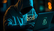 © Oleksiy - Anonymous hacker in hoodie using laptop with glowing email icon and digital message progress bar on dark background, symbolizing cyber communication