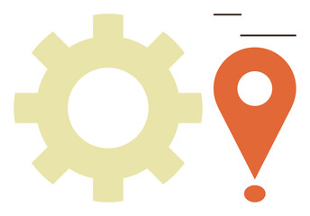 Yellow gear and orange location pin with minimalist accents represent teamwork, innovation, progress, efficiency, navigation, process optimization, and location-based solutions. Ideal for simple flat