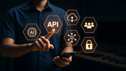 A person in a blue shirt engages with floating api icons in a modern workspace, highlighting application programming interface and  api programming