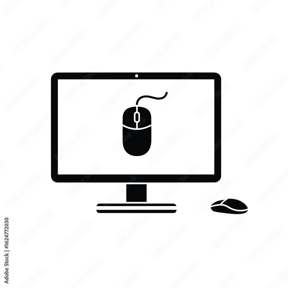 Vector illustration of a desktop computer with a mouse on the screen ...