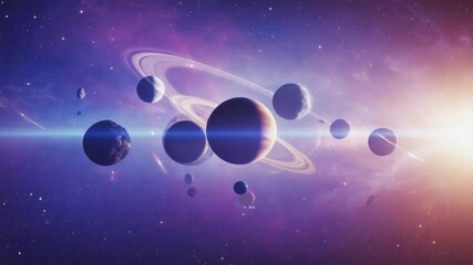 Wall Mural - planets orbiting around a radiant star in a stunning purple galaxy create a mesmerizing cosmic scene