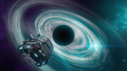 Wall Mural - large spaceship gliding toward a black hole in the depths of space, surrounded by a radiant turquois
