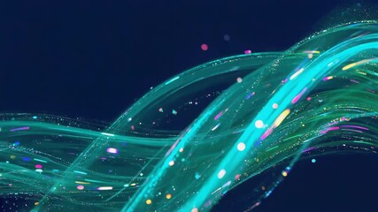 Wall Mural - turquoise lines with colorful particles are flowing on a dark blue background, creating an abstract 
