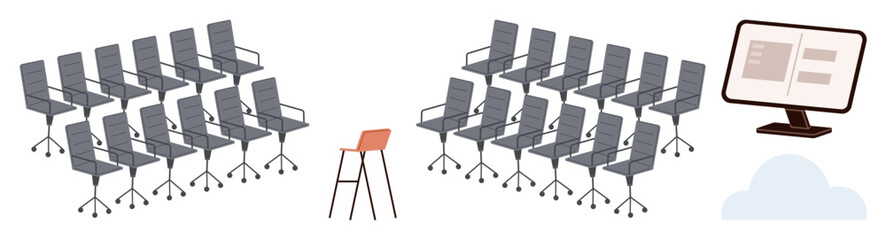 Wall Mural - rows of office chairs facing a minimalist podium and a monitor for presentations or lectures. ideal 