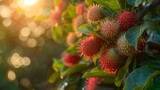 A photo of a rambutan tree with spiky fruit.