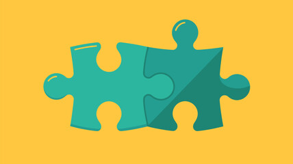 Two teal puzzle pieces connected on a yellow background in a flat vector illustration style design