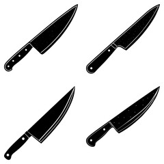Four black chef knives with handles and blades arranged on a white background in a square formation