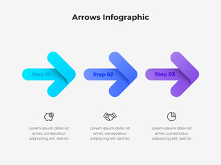 Wall Mural - creative arrows infographic showcasing three colorful steps with icons and text, ideal for business 