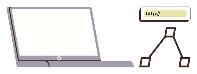 Laptop next to URL bar and flowchart diagram, symbolizing web development, digital strategy, and online workflows. Ideal for technology, networking, education, business planning, design