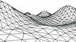 © SP Technology - Abstract wireframe landscape with geometric mountains and valleys rendered in black and white representing digital terrain and data visualization