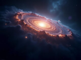 Naissance d’une galaxie en spirale illuminant le vide cosmique de ses éclats flamboyants