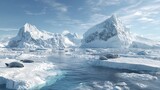 Panoramic view of a serene Antarctic landscape featuring snow-covered mountains, ice floes, and seals basking on ice.  Bright, clear sky; tranquil waters