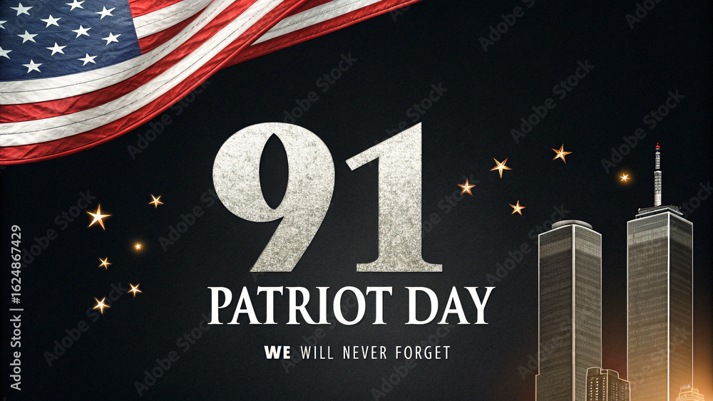 9/11 Patriot Day Tribute with Twin Towers and American Flag Stock Photo ...