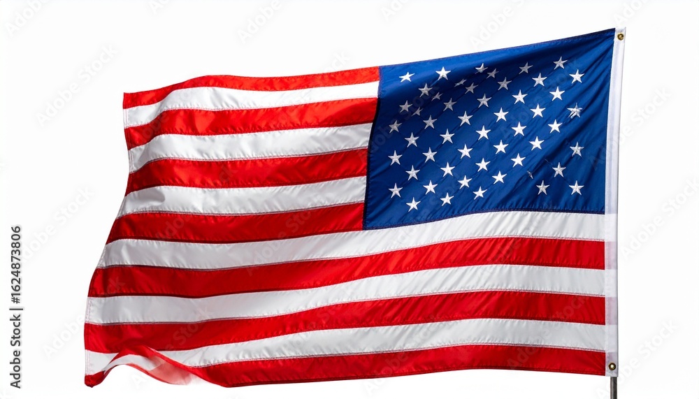 United States flag waving—thirteen red and white stripes, fifty stars ...