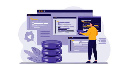 Programmer working on software development, reviewing code on multiple screens, database management.