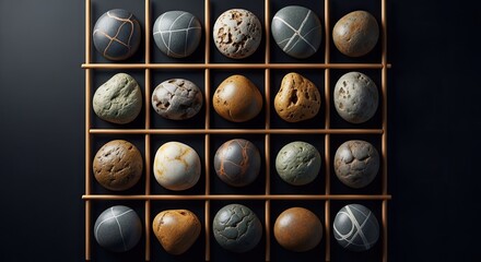 3d icon of a collection of various stones arranged in a wooden grid on a dark background transparent background