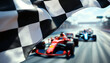 © abu - Checkered flag waves as Formula 1 cars blur toward race finish.