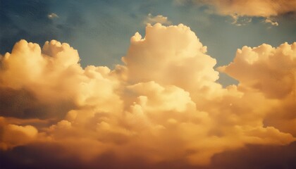 Wall Mural - aesthetic retro sky backdrop fluffy cumulus clouds illuminated by golden light weathered paper texture with gentle crinkles