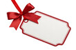 © zakir - Blank gift tag shaped like a present with a red bow, isolated on white.