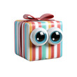 © Megla - 3D cartoon laughing gift box, comic style eyes, candy stripe wrap, isolated on white background. PNG