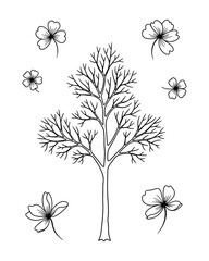 Botanical Vector Artwork: Bare Tree Branch and Decorative Flower Arrangement Illustration