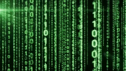 binary code cascade: a visually striking depiction of digital data flow with rows of green binary co