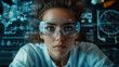 © Eshan - Top view of female scientist analyzing data and charts with digital lab tools wearing safety goggles working on scientific technology and innovation workspace for women in science and research day