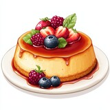 Mexican flan a classic dessert national cuisine dish isolated on white background, colorful cartoon illustration