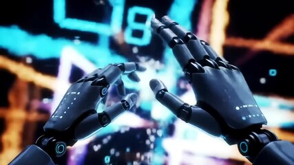 Robotic hands interact with digital data, futuristic background, tech concept
