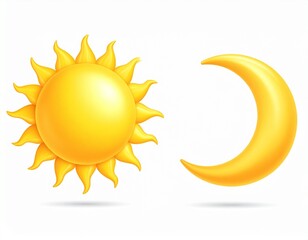 Wall Mural - various 3d sun and moon, crescent isolated icon. realistic render of star and planet,
