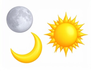 Wall Mural - various 3d sun and moon, crescent isolated icon. realistic render of star and planet,