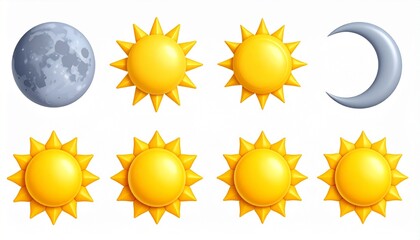 Wall Mural - various 3d sun and moon, crescent isolated icon. realistic render of star and planet,