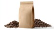 © Burhan - Brown paper coffee bag, front view, with coffee beans