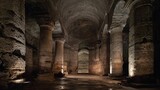 Mystical underground cistern featuring vaulted ceiling, ancient stone pillars, and dark, reflective floor