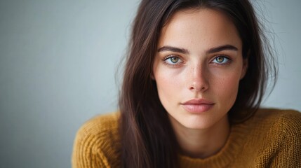 Wall Mural - a young woman with long brown hair wearing a mustard yellow sweater, looking off into the distance w