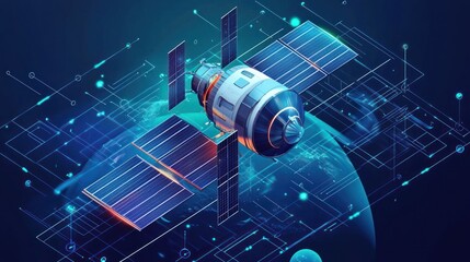 Wall Mural - a satellite in orbit around earth, with solar panels and a globe in the background.
