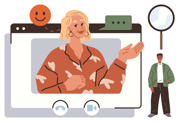 Wall Mural - woman presenting during a video call, interactive icons, happy emoticon, chat bubble, magnifying gla