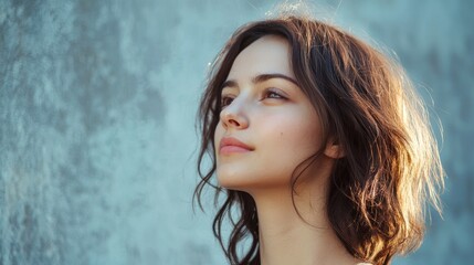 Wall Mural - a young woman with long, wavy brown hair, wearing a white top, looking off into the distance with a 