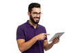 © Alaa stock - A young man with glasses and a purple polo shirt holds a tablet, pointing at the screen with a cheerful expression against a transparent background(PNG).