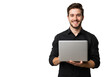 © Alaa stock - A smiling young man in a black shirt cradles a laptop against a white backdrop, showcasing a polished and approachable look.