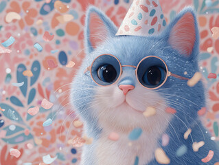  Festive Feline in Celebration: A charming, animated cat with captivating blue fur and big eyes dons a party hat and spectacles. Colorful confetti floats around the kitten.